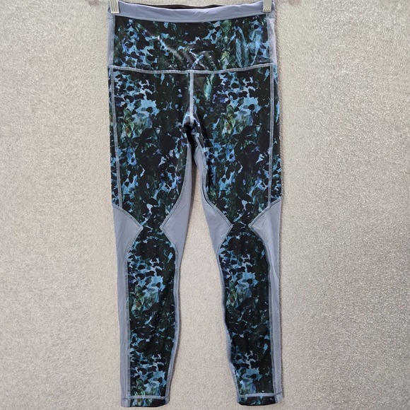 Lululemon Women Activewear Pants 6 Blue Floral Run Top Speed Crop Leggings - Picture 1 of 9